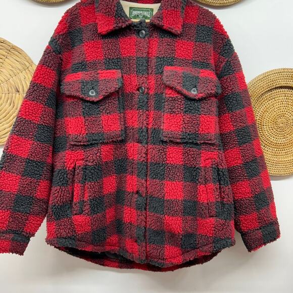 AEO American Eagle Red Plaid Button Teddy Sherpa Fleece Lumberjack Jacket Large - Picture 4 of 6